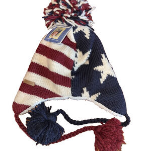 DeLux American Flag Wool Pilot Hat Fleece Lined Pom‎ Winter Ski USA Patriotic
